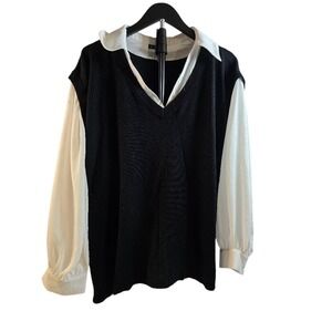 Adrianna Papell Women 2X Black Sweater Vest White Shirt Layered Top 2-in-1 Mixed